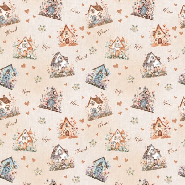 C00031 - Tecido Tricoline Digital LAR DOCE LAR - Casinhas C00031 - Tecido Tricoline Digital LAR DOCE LAR - Casinhas