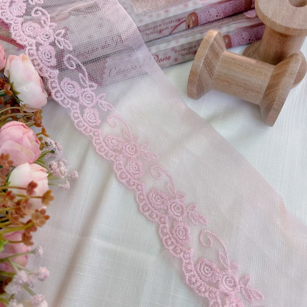 RN130 - Renda de Tule Candy Colors ROSA (LARGURA - 9cm) RN130 - Renda de Tule Candy Colors ROSA (LARGURA - 9cm)