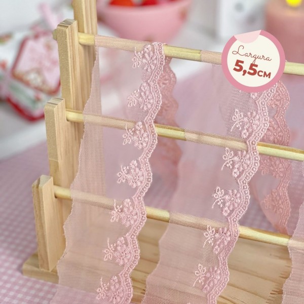 RN566 - Renda de Tule Tingida Floral ROSA FRUIT (LARGURA - 5,5cm)